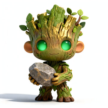 chibi treant siege unit, living tree creature holding large stone, bark skin texture