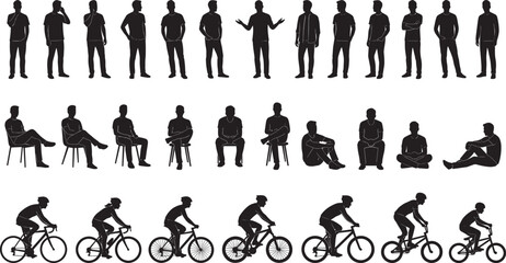 Male Silhouettes Collection Set, Standing Sitting and Cycling Men Poses Isolated Black Vector Illustration
