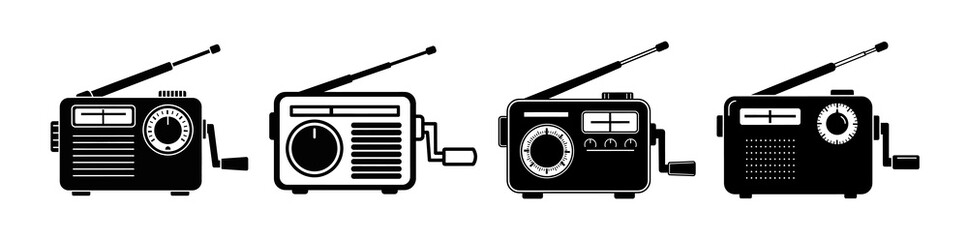 Fototapeta premium Collection of retro analog radios with antennas, some with winding handles, presented in a simple graphic style