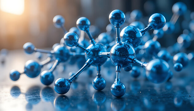 Shiny blue molecular structure model on reflective surface