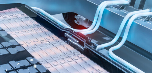 electric system of eco car engine, Electric car lithium battery pack and power connections, Automotive part concept.