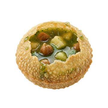 Single pani puri filled with spicy green water and chickpeas isolated. Indian street food chaat.