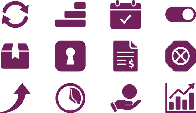 Business planning icon set. Includes 12 icons: arrow, calendar, chart, clock, document, graph, key, lock, settings, toggle, and wallet. Created in flat style with purple color.