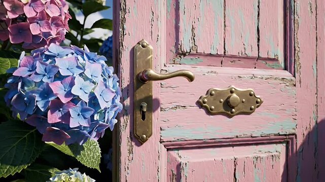 A pastel pink garden door framed by blooming hydrangea bushes in a sunny yard