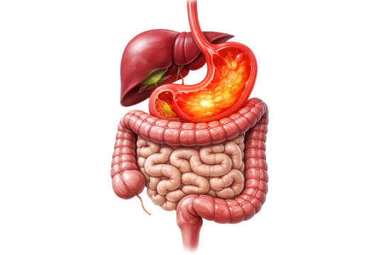 Human digestive system with inflamed stomach lining and abdominal organs detailed isolated on white background