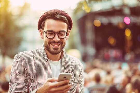 Happy young hipster man with trendy outfit  outdoors walking on the street holding a smartphone looking up