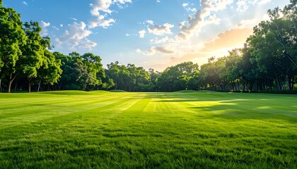 Obraz premium A serene landscape featuring lush green grass under a clear blue sky and scattered clouds