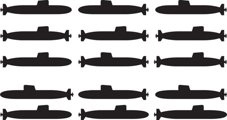 Submarine silhouette collection, military naval underwater vessel icons isolated on white background for defense design © Hello World