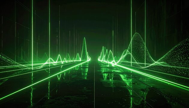 Abstract visualization of digital sound waves or data patterns in glowing green light.