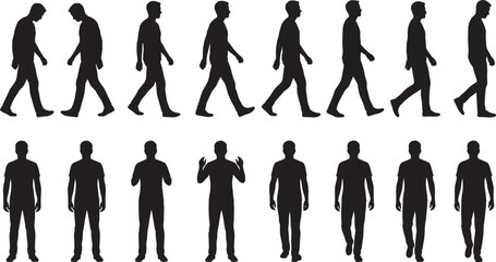 Walking Man Silhouettes Collection, Male Figures Side and Front View Isolated Black Vector Set