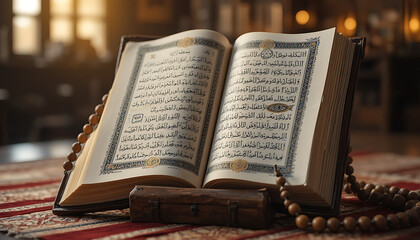 Obraz premium Open Quran with prayer beads on a traditional rug in a serene setting