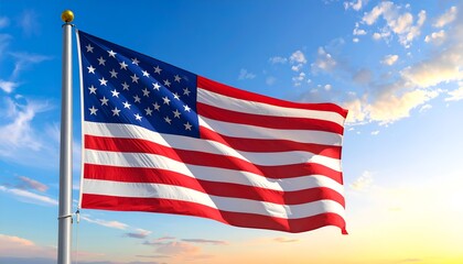 Fototapeta premium A vibrant American flag flutters against a picturesque sky filled with light clouds