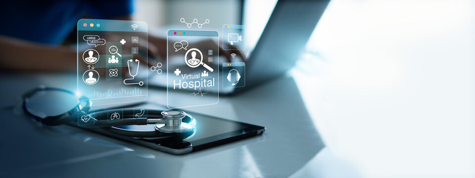 Virtual hospital, Doctor online, online medical communication network with patient, Online medical consultation, Clinic, Doctor using laptop and checks and analysis health care, Medicine technology.