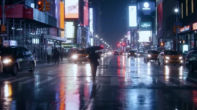 New York City street scene at night with reflections of lights on a rainy road