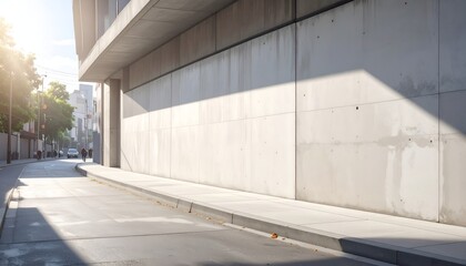 A modern urban scene featuring a smooth concrete wall illuminated by soft sunlight