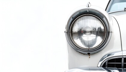A close-up of a classic car's headlight showcases its glossy chrome details against a white backdrop
