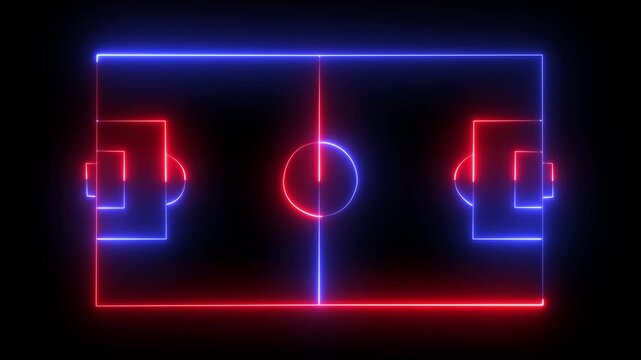 Glowing neon lights match future football isometric field video animation on a background. Animation of neon sports stadium on black background.