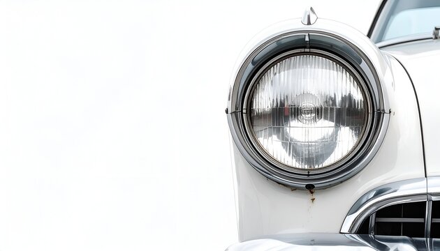 A close-up of a classic car's headlight showcases its glossy chrome details against a white backdrop