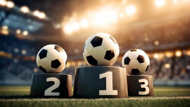 Soccer balls displayed on a podium with numbers. Represents a competition