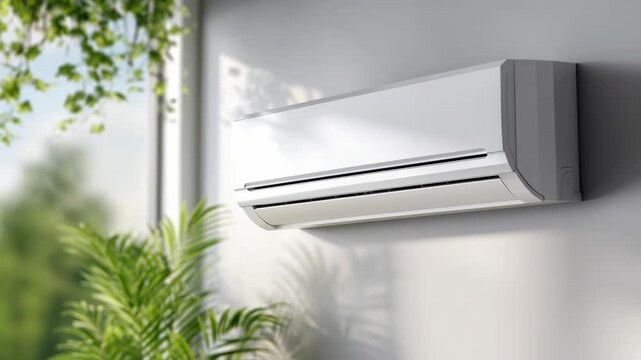 A Modern Air Conditioner Installed on the Wall Inside. This image showcasing a stylish, energy-efficient air conditioning unit installed on a wall. It's a close-up.