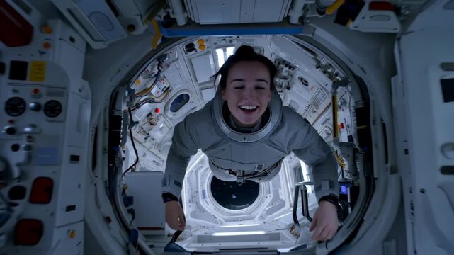 Astronaut smiling and floating joyfully inside a spacecraft. She embodies adventure and exploring the unknown