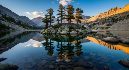 Obraz premium Tranquil mountain lake with island trees and reflections at sunrise
