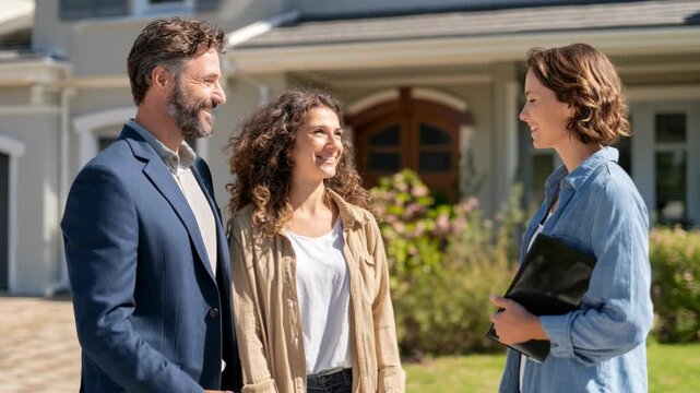 A couple happily speaking with a real estate agent in front of a house. The house has a manicured lawn, the sun is shining and a beautiful home