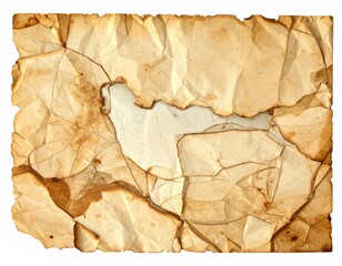 Fototapeta premium A highly detailed texture image of severely aged, crumpled, stained, and partially burned parchment paper.