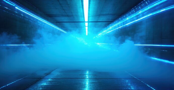 Futuristic tunnel, bright blue lighting, smoke fills space. Dramatic perspective creates depth, modern design elements visible.