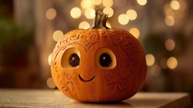 An adorable and artistic pumpkin carving with a smiling face and intricate designs, perfect for Halloween or festive decorations