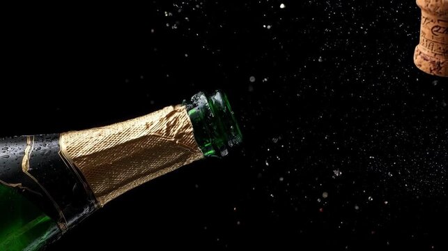 A Champagne bottle popping with spray. The black background gives contrast to the bottle 