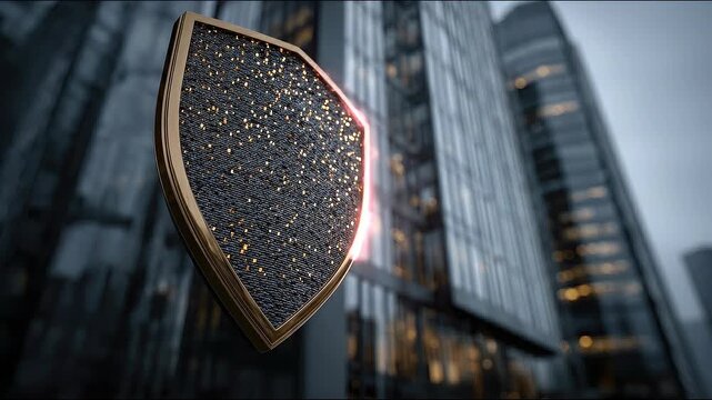 Floating obsidian shield with coral radiance represents premium employer branding and corporate trust..