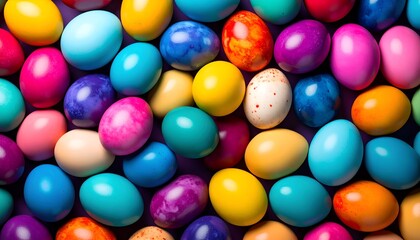 Obraz premium A vibrant collection of colorful eggs scattered together, showcasing various patterns and hues