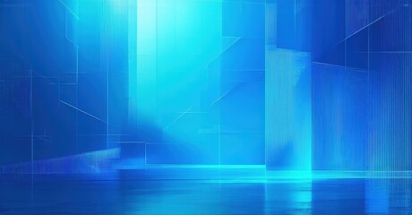 Fototapeta premium Abstract blue digital space. Lines create futuristic room, reflections visible. Brightness dominates composition. Minimalist design.
