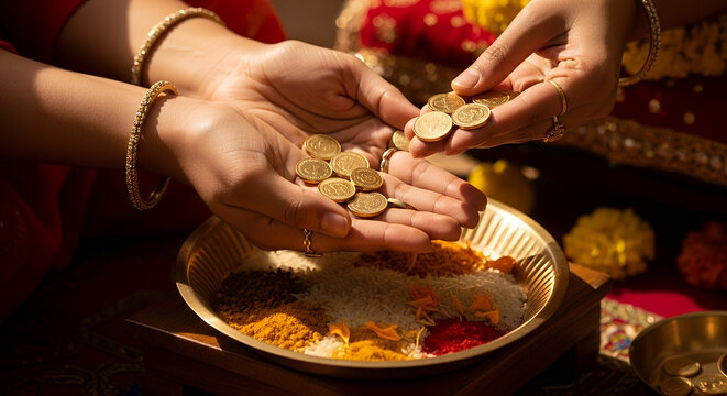 Traditional Hindu Akshaya Tritiya Ritual, Hands Offering Gold Coins for Prosperity and Good Fortune