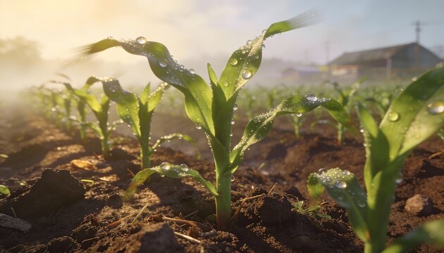 Young Green Corn Sprout in Field at Sunrise with Dew Drops and Morning Mist