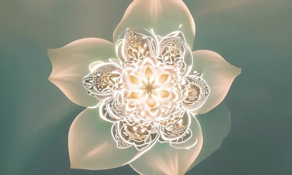 Floral mandala design. White and beige flower petals. Intricate center pattern. Vector illustration on green background. Decorative element. Ornate flower. Mandala art. White beige and