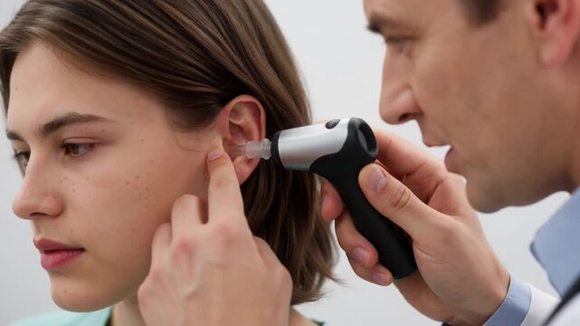 Medical Doctor Examining Patient Ear with Otoscope for Hearing Health Check