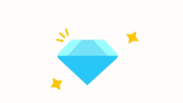 Animated rotating blue diamond icon with sparkling yellow stars on a transparent background. Flat design gemstone with sparkling effect, perfect for luxury, premium, quality 4k.