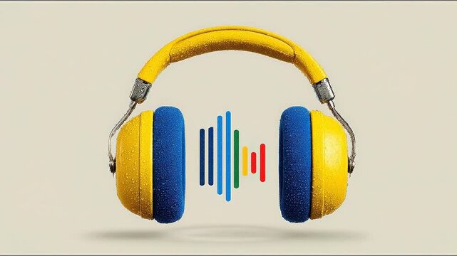 Floating headphones with color-coded voice channels visualize measurable employee voice index system..