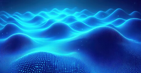 Naklejka premium Abstract blue waves, digital landscape. Glowing particles form undulating forms, creating futuristic scene. Dark background emphasizes bright energy.