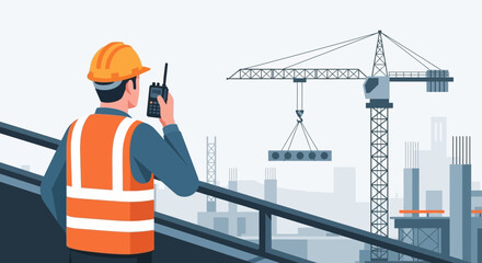 Fototapeta premium Construction Worker with Walkie Talkie on Site.