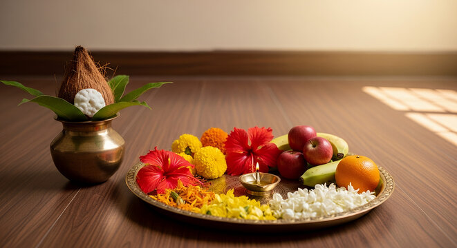 Traditional Gauri Puja ritual tray featuring fresh fruits and vibrant flowers arranged on the floor, ready for Hindu worship.