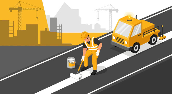 Road Worker Painting Yellow Line on Highway.