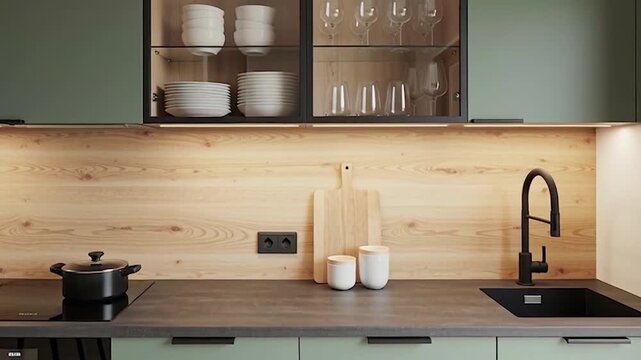 Modern minimalist kitchen with wooden backsplash and stainless steel appliances clean bright