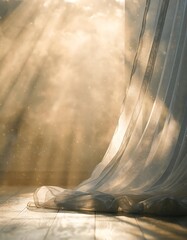 Sunbeams Streaming Through Sheer Curtain onto Wooden Floor