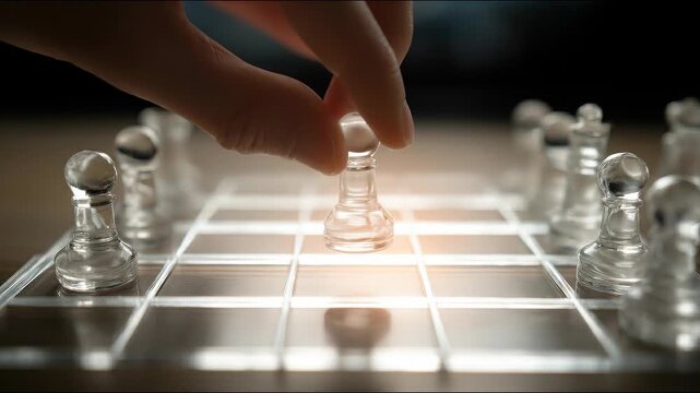 Glowing central pawn activation on floating glass grid symbolizes decisive empowered leadership move.