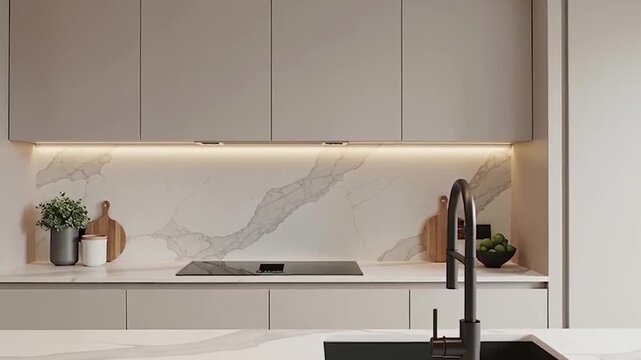 Modern luxury kitchen island with marble countertop and bar stools under warm lighting