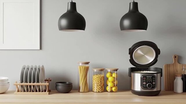 Modern kitchen shelf with black pendant lights and minimalist decor on wooden countertop