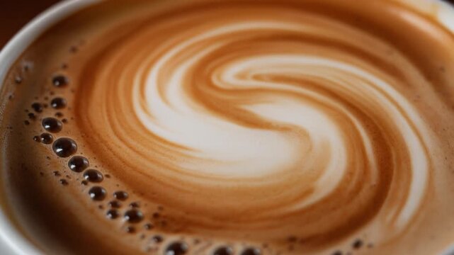 Detailed macro shot of latte art with a perfect swirl pattern and delicate foam bubbles coffee